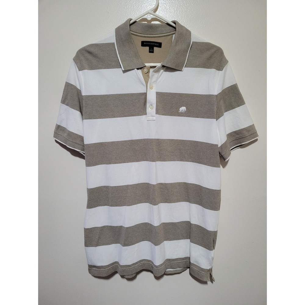 Banana Republic Polo Shirt Mens Large Khaki White‎ Striped Elephant Logo